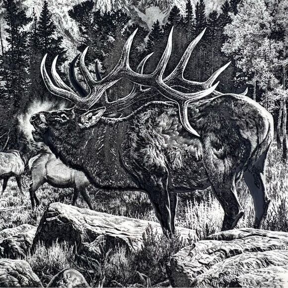 Vintage 1977 Montana Marble Art Etched Bugling Bull Elk Bill O'Neil Gorgeous - Picture 5 of 8